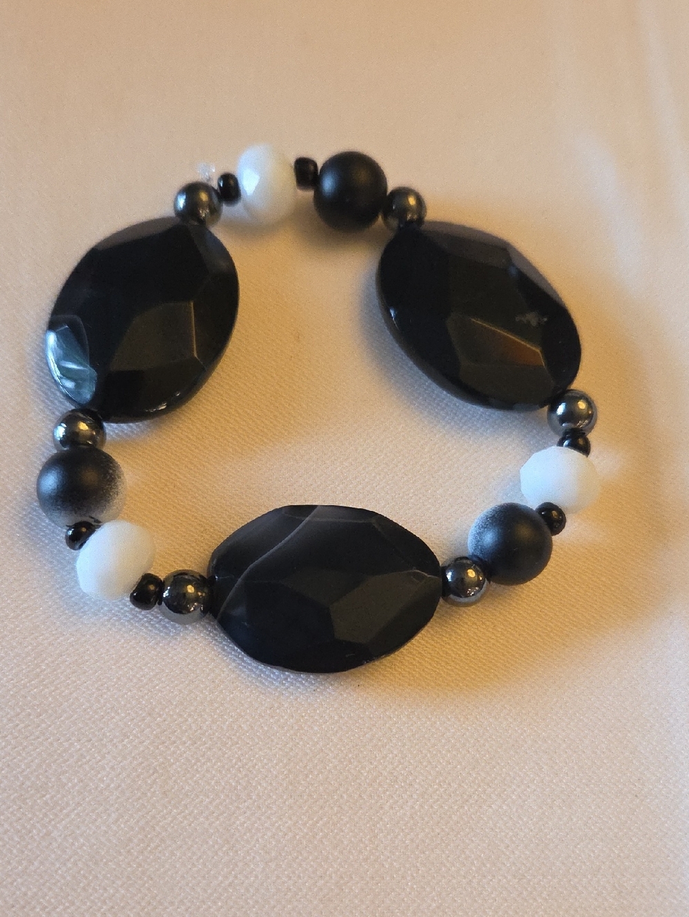 Black and White Beaded Stretch Bracelet - Women's Jewelry
